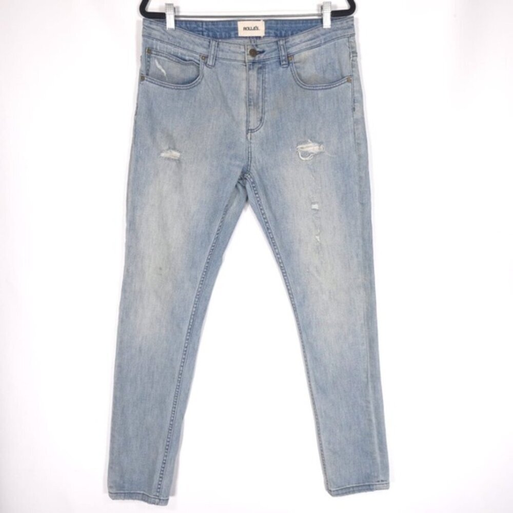 NWT ROLLAS Men’s THIN CAPTAIN SLIM FIT Jeans Bush Fire‎ Blue Distressed 34x32